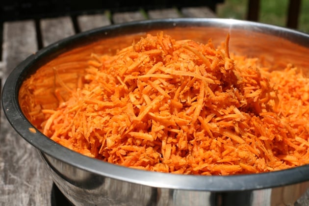 Shredded carrots in a bowl. 