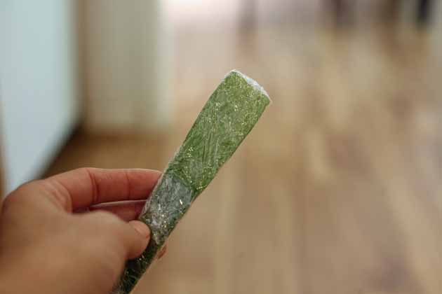 Wrapping an aloe vera leaf to save for later.