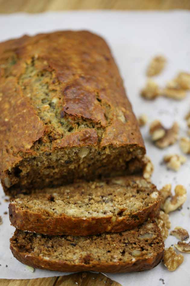 Super simple healthy banana bread recipe. Just a few minutes to put together. This recipe is sugar-free! Add nuts and chia seeds to make it even healthier! 