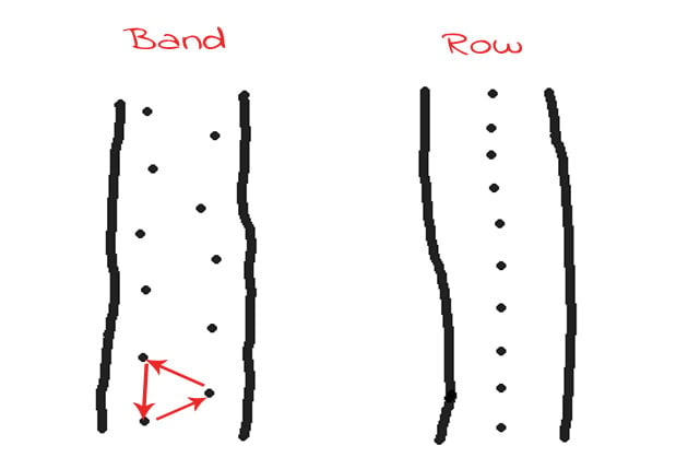 Sowing in bands or rows.