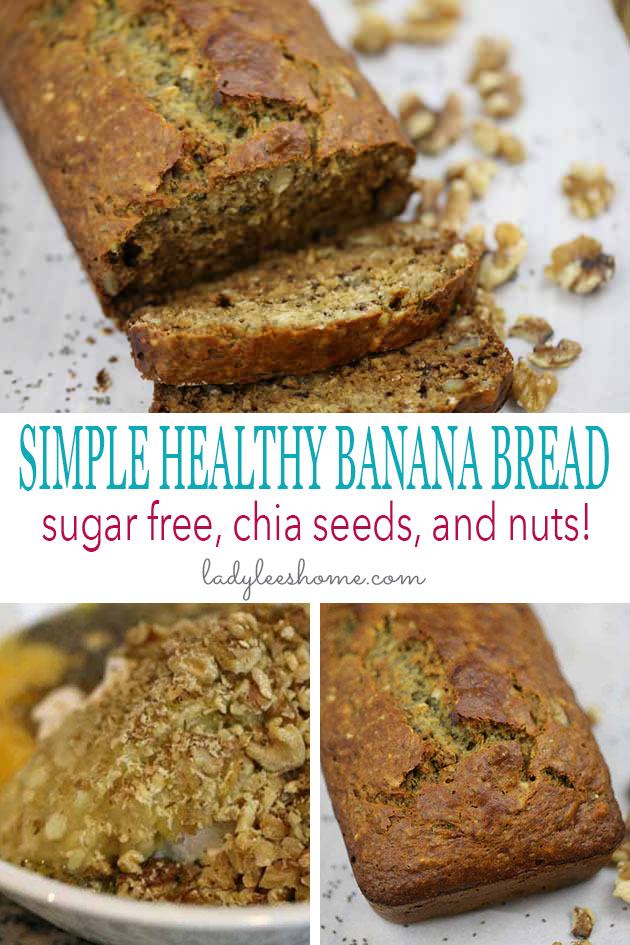 Super simple healthy banana bread recipe. Just a few minutes to put together. This recipe is sugar-free! Add nuts and chia seeds to make it even healthier! #simplehealthybananabread #easybananabread #bananabreadrecipe #bananabread #sugarfreebananabread