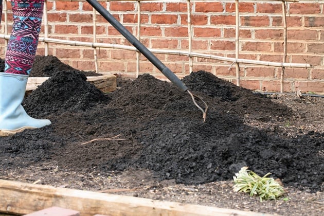 Spreading the soil and the compost.