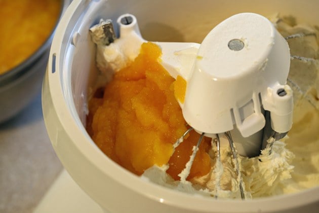 Adding fresh pumpkin puree to mixer.