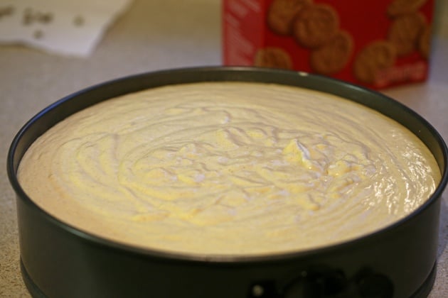 Pumpkin cheesecake with gingersnap crust is ready for baking.