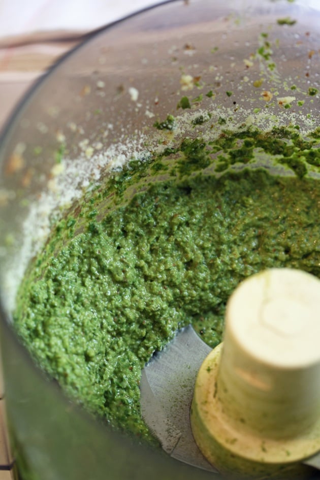 Processing almond basil pesto