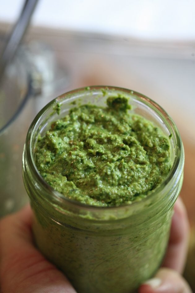 Basil pesto ready in a jar