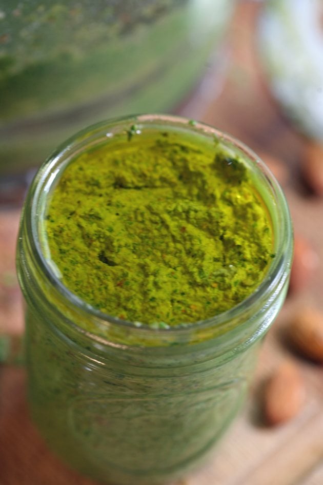 Basil pesto topped with olive oil