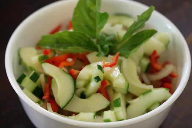 A simple, healthy, and tasty cucumber salad with peppers and sweet onions. All of the vegetables came from the garden so I go over the varieties as well. 