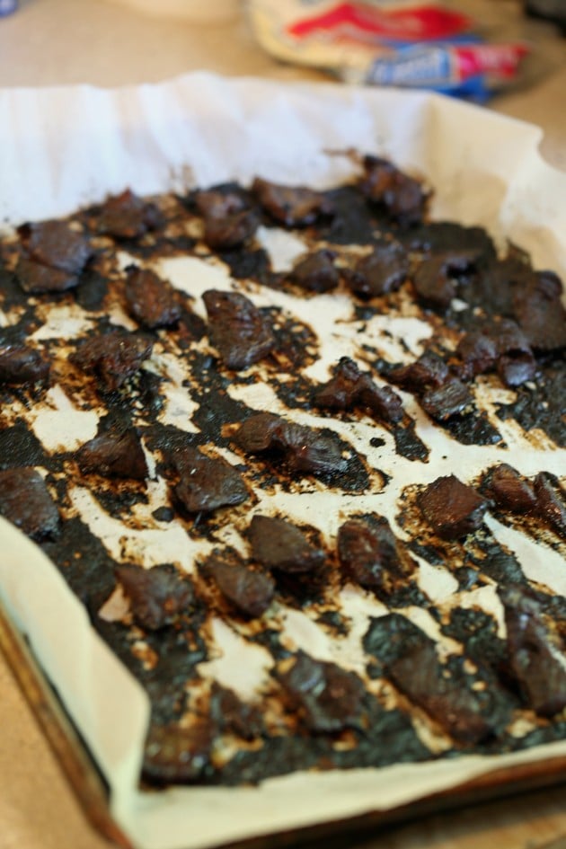 Deer jerky after it baked in the oven.