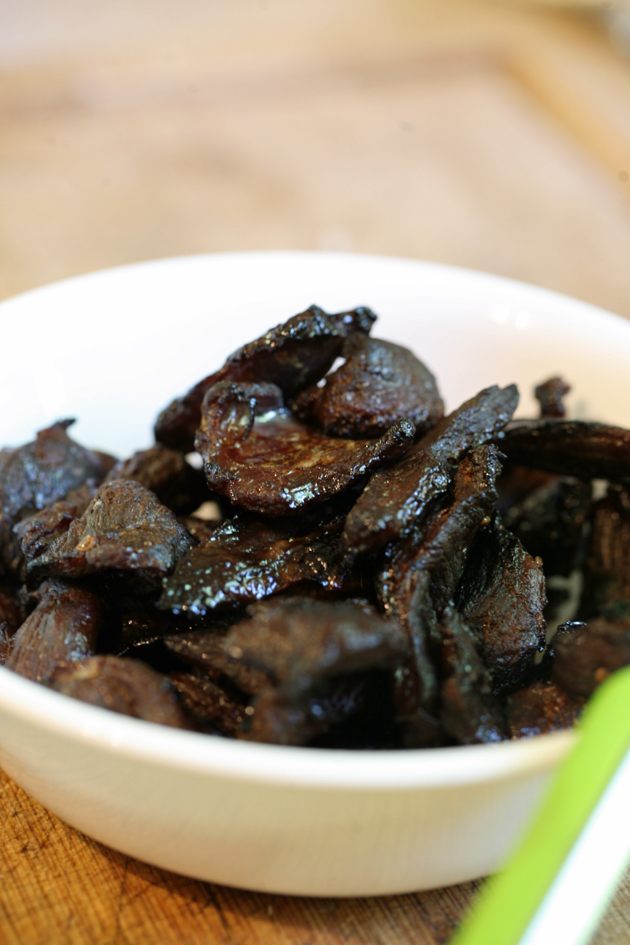 Deer jerky in the oven ready for serving.