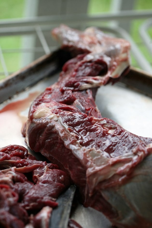 Cutting the deer meat off the bone.