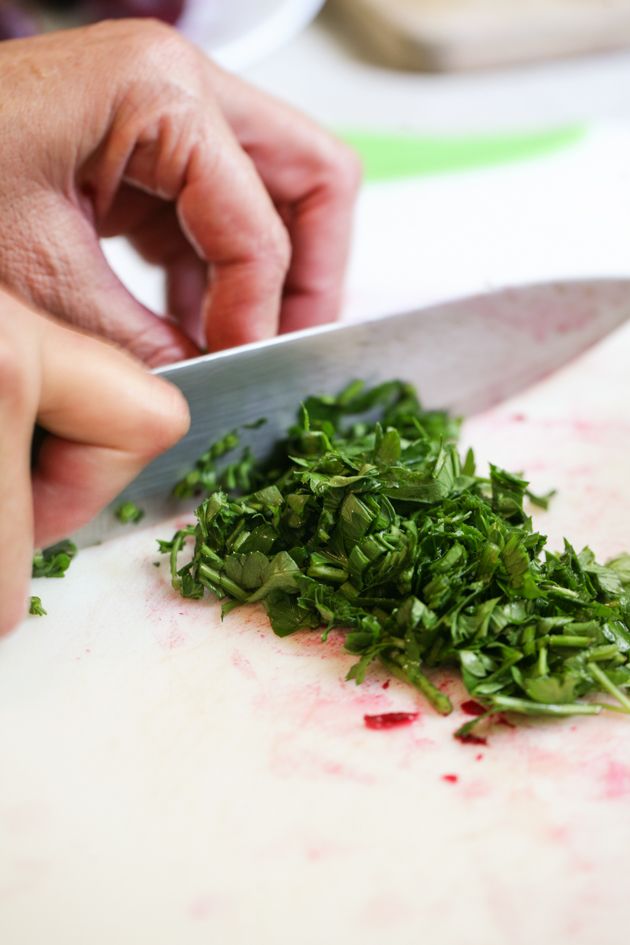 Chopping cilantro for the beet salad.
