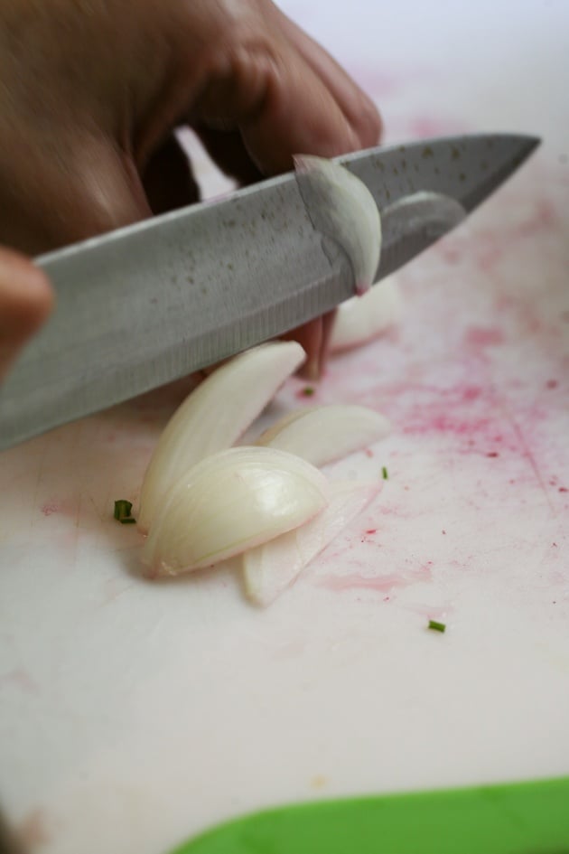 Slicing onion for the salad.