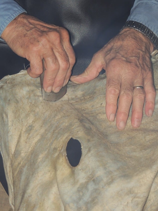 Scraping the hide with the metal piece. 