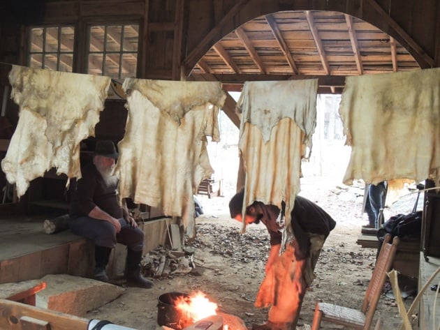 Setting the hide to fry over the fire. 