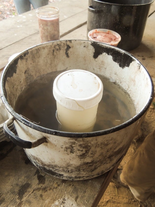 Melting the lard in a water bath. 