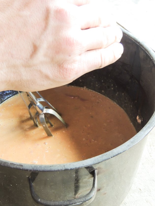 Mixing all of the ingredients of the brain tanning solution. 