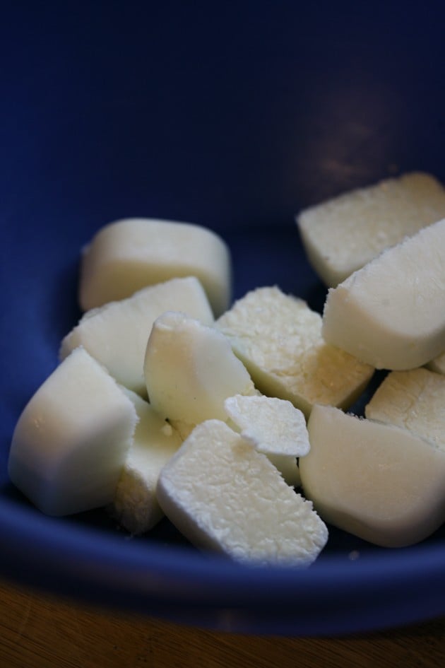 Adding frozen milk to mixing bowl.