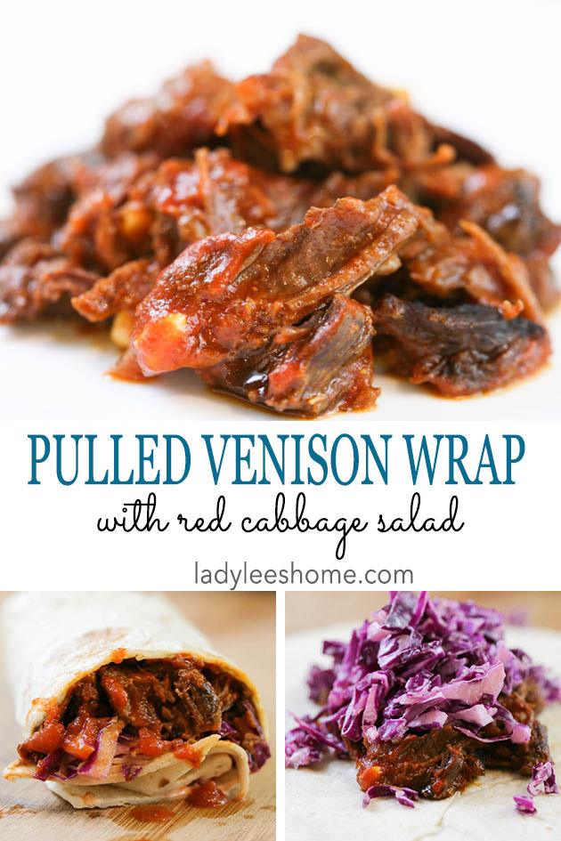 Pulled venison recipe. I used it in a wrap with a delicious red cabbage salad but it can also be a main dish along with a side of rice, mash potatoes, quinoa or anything else you like. The meat is soft and the sauce is delicious! #venison #venisonrecipes #howtocookvenison #deermeat #hunting #hunterfood #deermeatrecipes #huntingseason