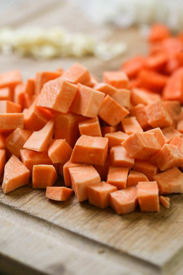 Peeled and diced sweet potato.