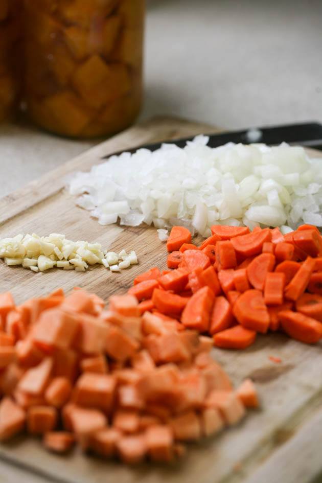 All of the diced vegetables ready for soup.  