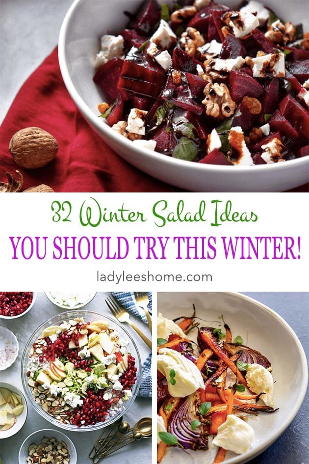 Winter vegetables are so delicious and filling. Some of those salads are a full meal on their own. You'll find in this post 32 winter salad ideas to try this winter. #wintersaladideas #saladrecipes #easysalads #saladdinner #easydinnerrecipes #healthyfood #healthydinnerrecipes