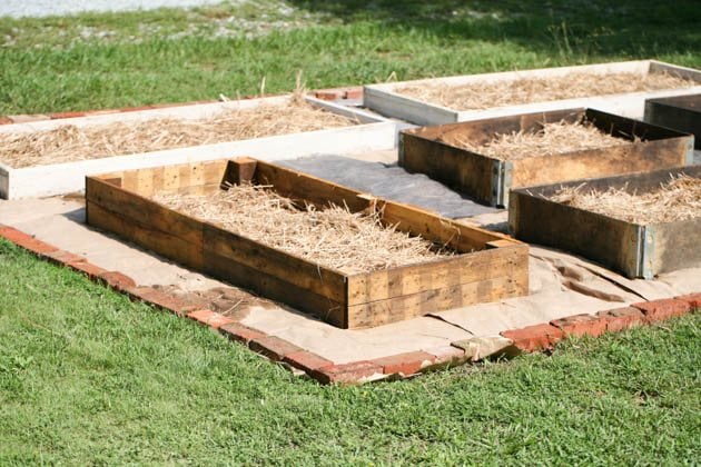 Adding straw on the bottom of the pallet wood bed.