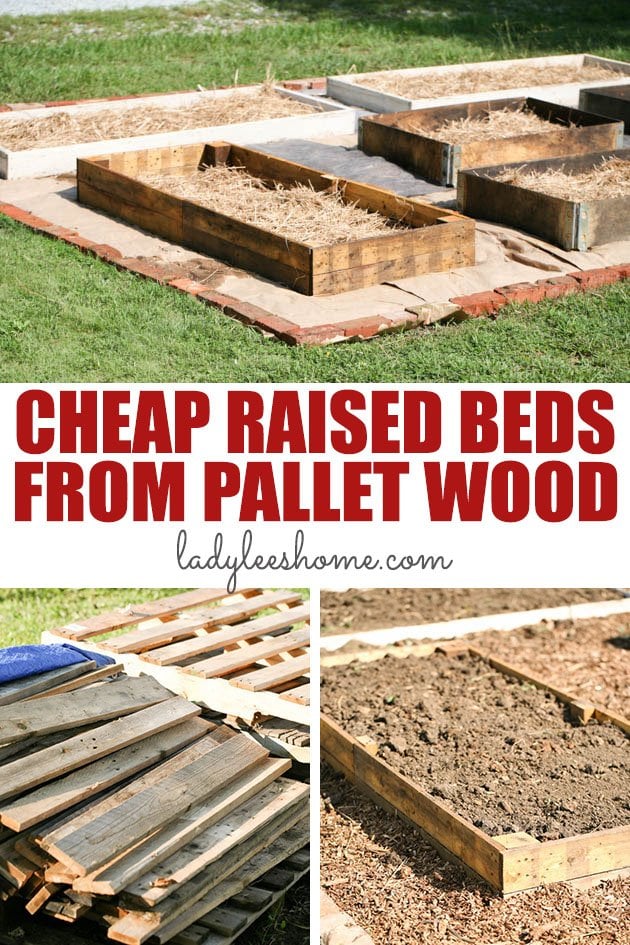 How to make raised beds cheaply using pallet wood. You can source this wood free and the construction is super easy and fast! This is a step by step picture tutorial on how to build a raised bed cheaply.  #woodpalletprojects #diyraisedbed #raisedgardenbed #diyraisedgardenbed