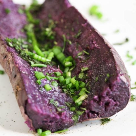 baked purple sweet potato ready for serving