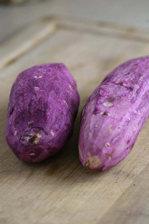 Peeled roasted purple sweet potatoes. 