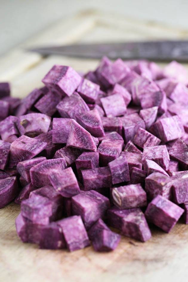 Diced purple sweet potatoes.