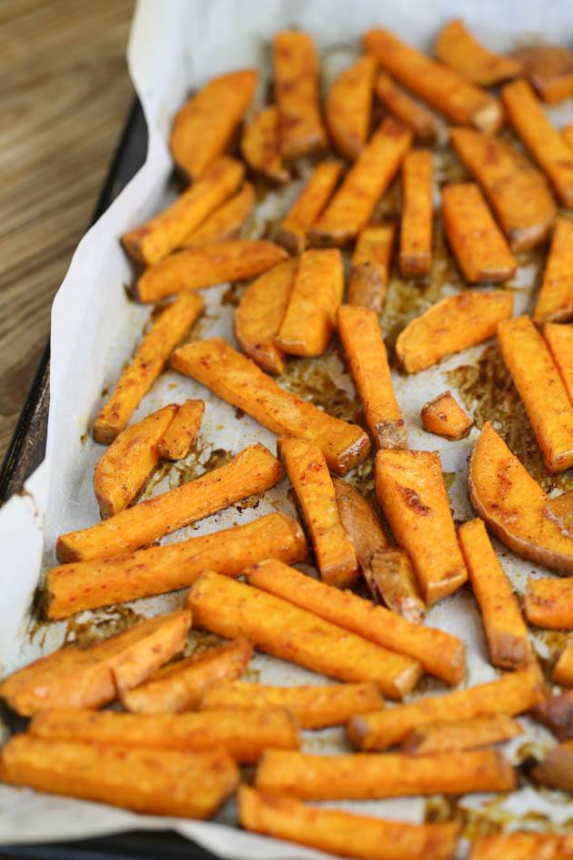 Sweet potato fries after they are baked. 