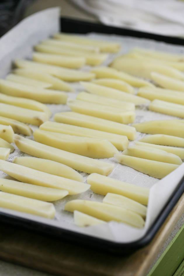 Potatoes after blanching on a sheet pan