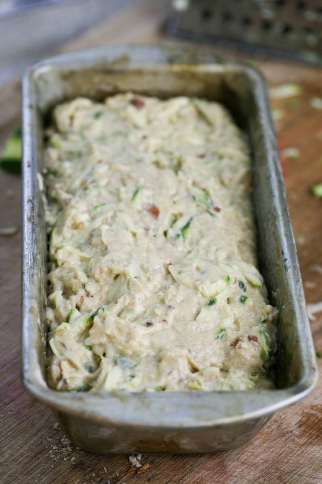 Low sugar zucchini bread batter in the loaf pan