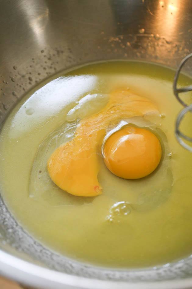 eggs added into the bowl of wet ingredients