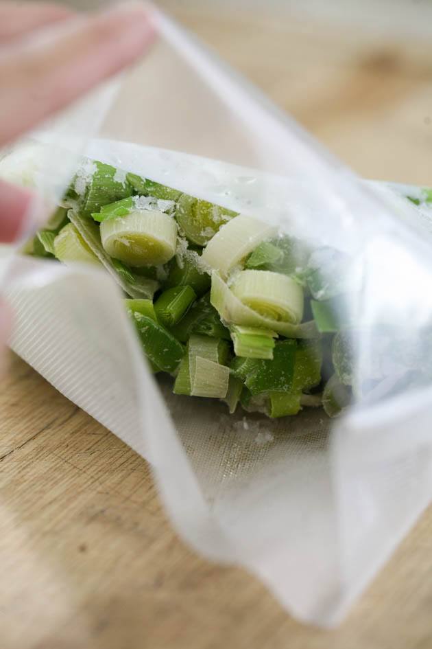 Frozen leeks in a bag