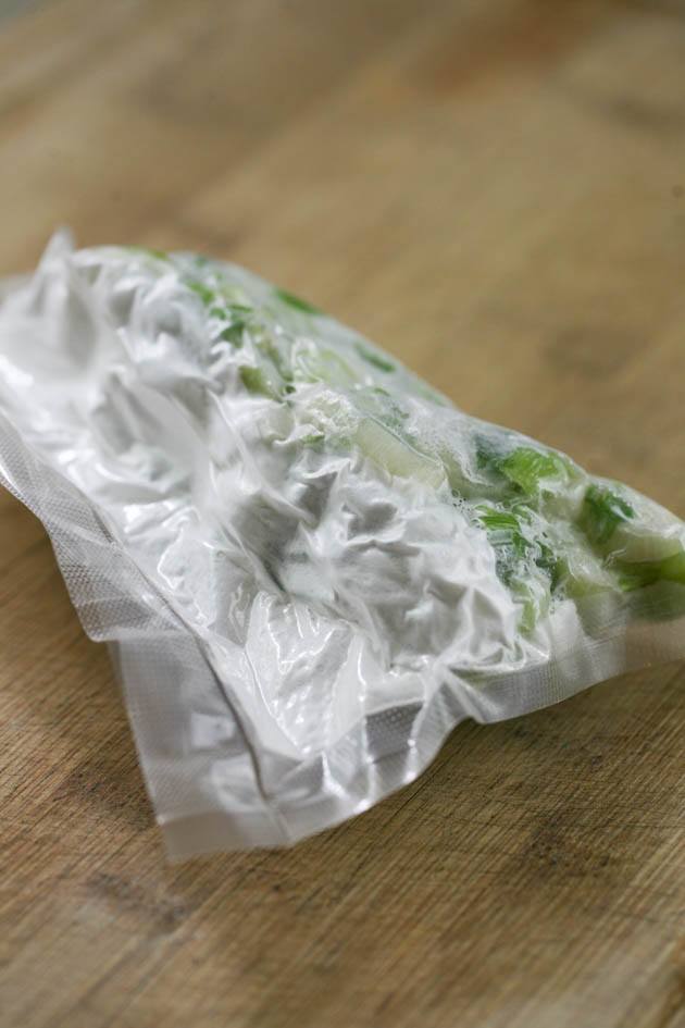 A bag of frozen leeks