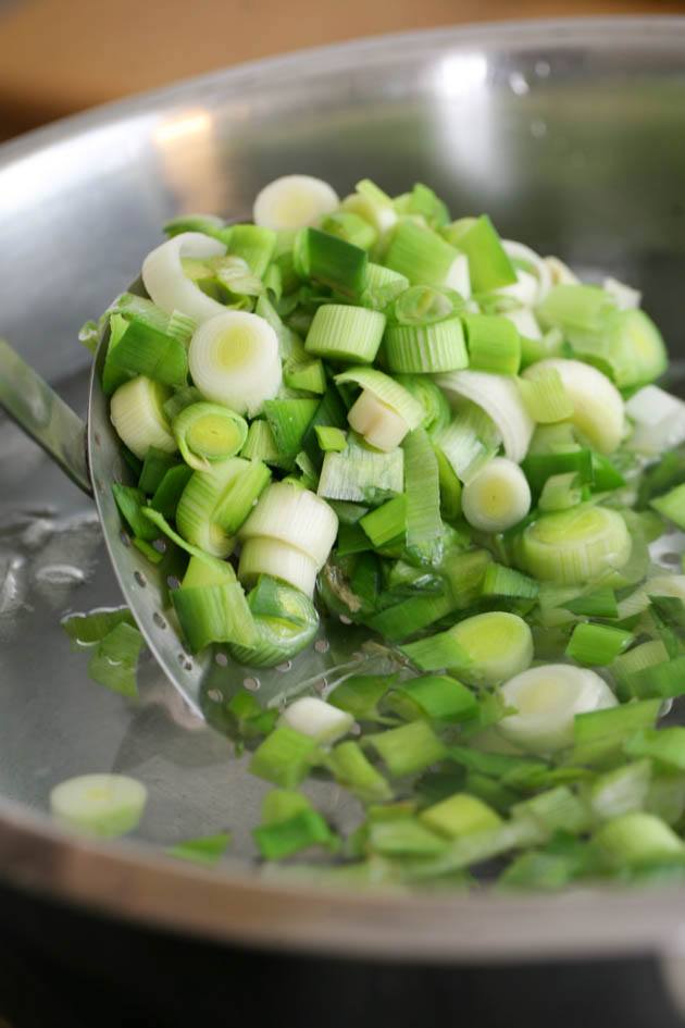 Leeks in an ice water bath