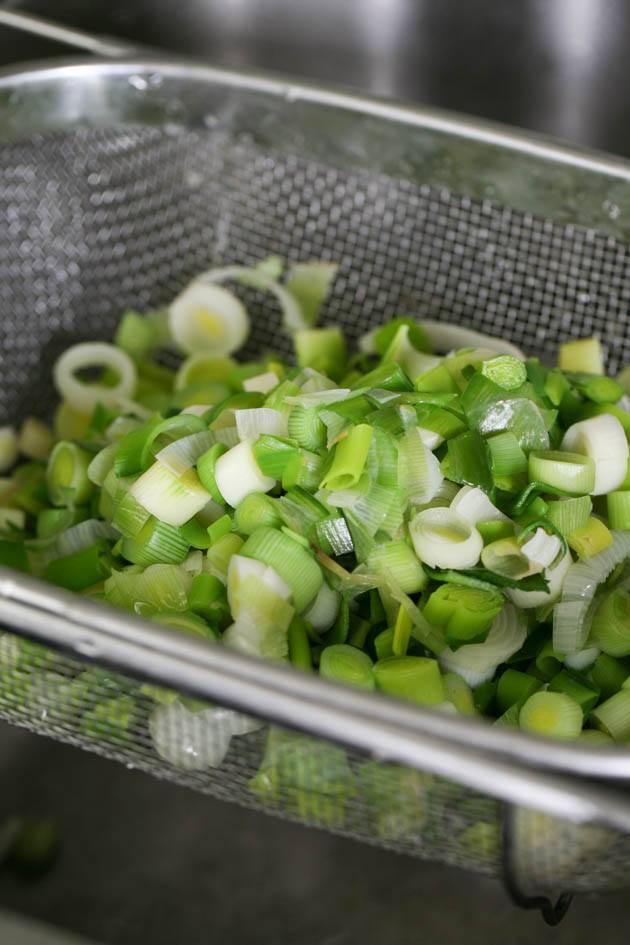 Leeks in a strainer