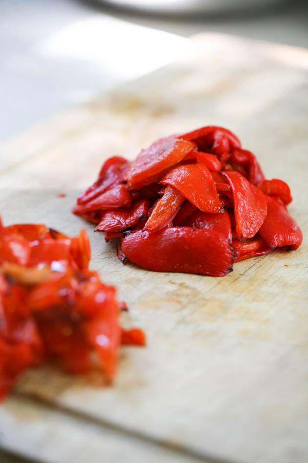 Peeled peppers in a little pile.