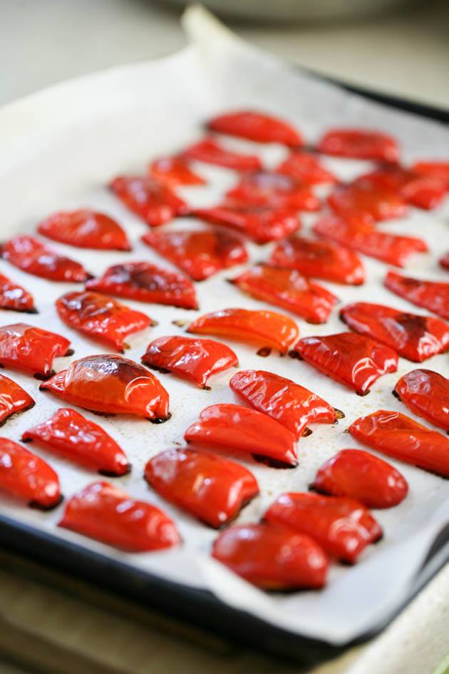 Roasted red bell peppers ready for canning.