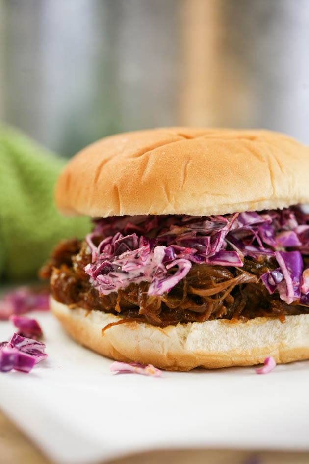 BBQ venison in a bun with cabbage salad.