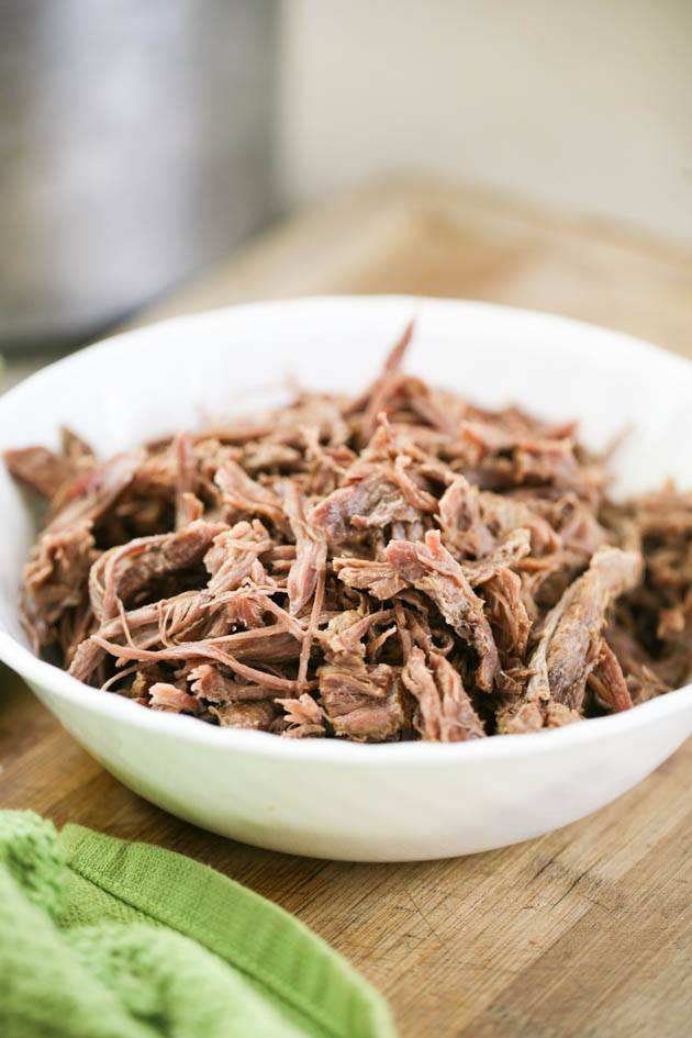 Pulled venison neck meat.