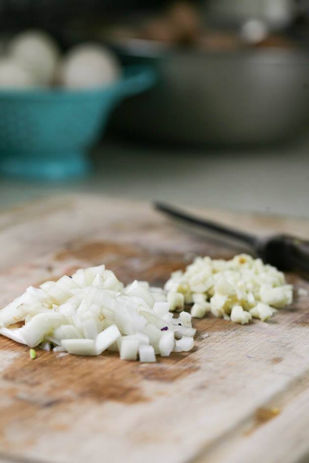 Dicing onion and garlic.