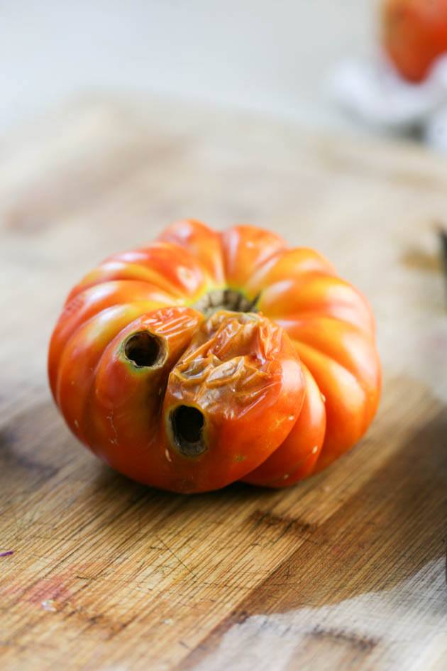 A damaged tomato. 