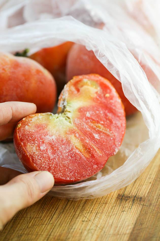 Halved frozen tomato.