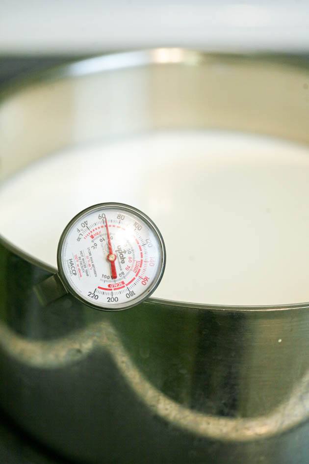 Heating raw goat milk. 