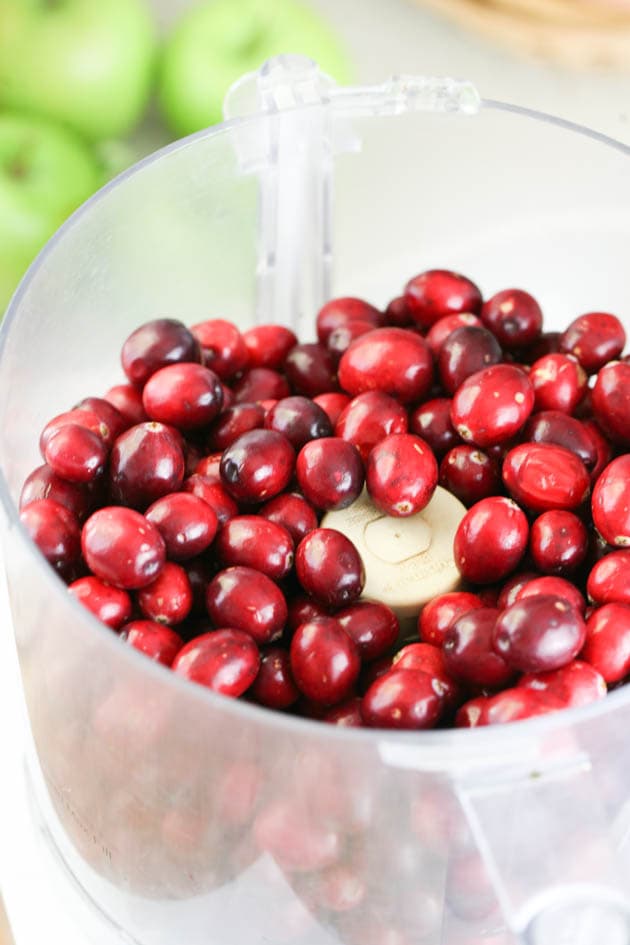 Fresh cranberries in the food processor.