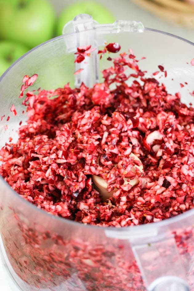 Cranberries processed in the food processor.