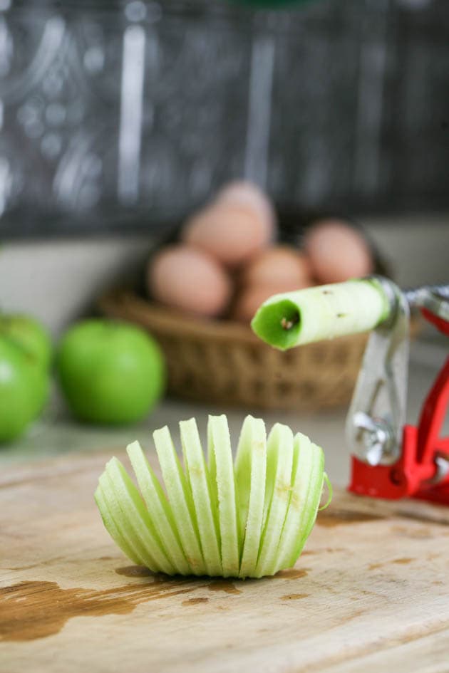 Apple after it was processed in the apple peeler. 